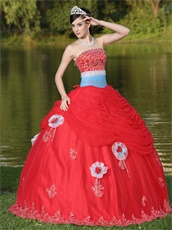 Colorful Basque Waist Red Quinceanera Dress Flat Tulle With 3D Flowers