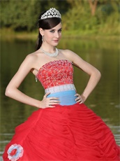 Colorful Basque Waist Red Quinceanera Dress Flat Tulle With 3D Flowers