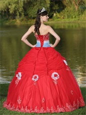 Colorful Basque Waist Red Quinceanera Dress Flat Tulle With 3D Flowers