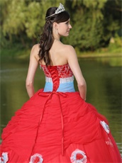 Colorful Basque Waist Red Quinceanera Dress Flat Tulle With 3D Flowers