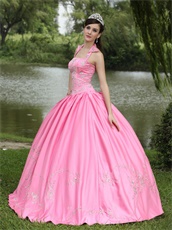 Rose Pink Square Stand Peaked Lapel Quinceanera Dress Embroidery