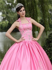 Rose Pink Square Stand Peaked Lapel Quinceanera Dress Embroidery