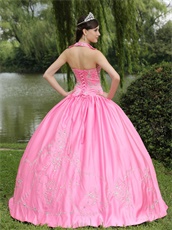 Rose Pink Square Stand Peaked Lapel Quinceanera Dress Embroidery