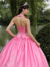 Rose Pink Square Stand Peaked Lapel Quinceanera Dress Embroidery