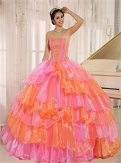 Pink And Orange Alternant Crossed Puffy Organza Ball Gown For Quinceanera