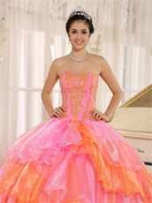 Pink And Orange Alternant Crossed Puffy Organza Ball Gown For Quinceanera