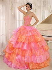 Pink And Orange Alternant Crossed Puffy Organza Ball Gown For Quinceanera