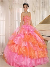 Pink And Orange Alternant Crossed Puffy Organza Ball Gown For Quinceanera