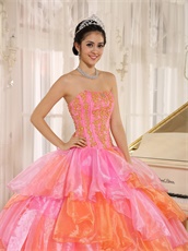 Pink And Orange Alternant Crossed Puffy Organza Ball Gown For Quinceanera