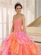 Pink And Orange Alternant Crossed Puffy Organza Ball Gown For Quinceanera