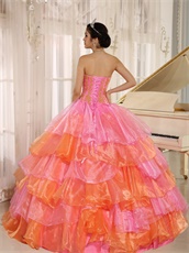 Pink And Orange Alternant Crossed Puffy Organza Ball Gown For Quinceanera