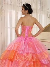 Pink And Orange Alternant Crossed Puffy Organza Ball Gown For Quinceanera