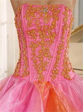 Pink And Orange Alternant Crossed Puffy Organza Ball Gown For Quinceanera