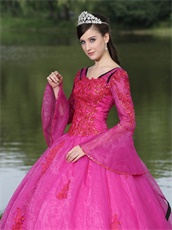 Unique Detachable Long Trumpet Sleeves Warm-toned Fuchsia Court Gowns