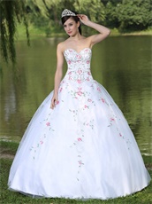 Embroidery Pink Floral Green Leaves Quinceanera White Dress Sixteen