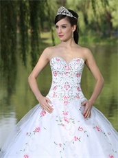 Embroidery Pink Floral Green Leaves Quinceanera White Dress Sixteen