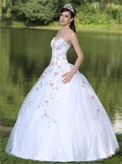 Embroidery Pink Floral Green Leaves Quinceanera White Dress Sixteen