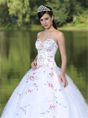 Embroidery Pink Floral Green Leaves Quinceanera White Dress Sixteen