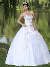 Embroidery Pink Floral Green Leaves Quinceanera White Dress Sixteen