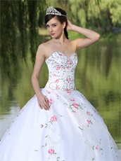 Embroidery Pink Floral Green Leaves Quinceanera White Dress Sixteen