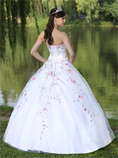 Embroidery Pink Floral Green Leaves Quinceanera White Dress Sixteen