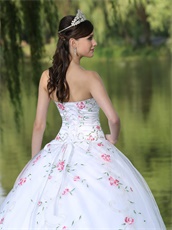 Embroidery Pink Floral Green Leaves Quinceanera White Dress Sixteen