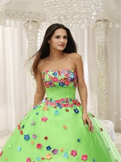 Natural Spring Green Ball Gown Motley Varicolored Handmade Florets