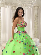 Natural Spring Green Ball Gown Motley Varicolored Handmade Florets