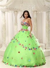 Natural Spring Green Ball Gown Motley Varicolored Handmade Florets