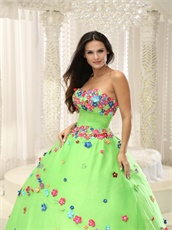 Natural Spring Green Ball Gown Motley Varicolored Handmade Florets