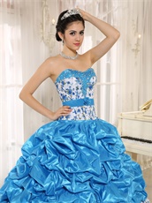 Brilliant Sky Blue Taffeta and Printed Floral Collocation Ball Gown