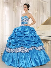 Brilliant Sky Blue Taffeta and Printed Floral Collocation Ball Gown