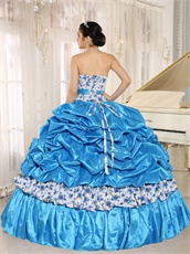 Brilliant Sky Blue Taffeta and Printed Floral Collocation Ball Gown