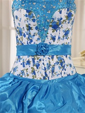 Brilliant Sky Blue Taffeta and Printed Floral Collocation Ball Gown