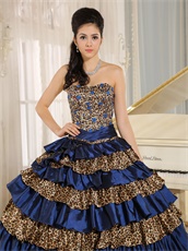 Designer Manuscript Navy Blue and Leopard Layers Quinceanera Cake Dress