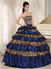 Designer Manuscript Navy Blue and Leopard Layers Quinceanera Cake Dress