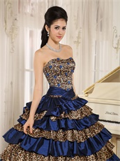 Designer Manuscript Navy Blue and Leopard Layers Quinceanera Cake Dress