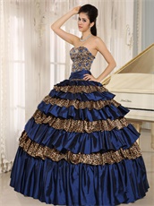 Designer Manuscript Navy Blue and Leopard Layers Quinceanera Cake Dress