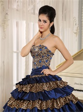 Designer Manuscript Navy Blue and Leopard Layers Quinceanera Cake Dress