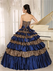Designer Manuscript Navy Blue and Leopard Layers Quinceanera Cake Dress