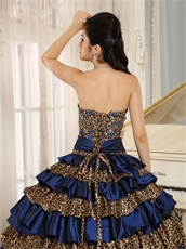 Designer Manuscript Navy Blue and Leopard Layers Quinceanera Cake Dress