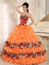 Warm Tone Orange Ruffles and Leopard Layers Court Ball Gown Cakes