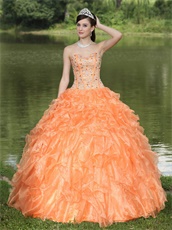 Orange Fully Crystals Clearance Quinceanera Dress Thick Organza Ruffles