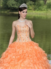 Orange Fully Crystals Clearance Quinceanera Dress Thick Organza Ruffles