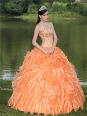 Orange Fully Crystals Clearance Quinceanera Dress Thick Organza Ruffles