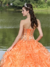 Orange Fully Crystals Clearance Quinceanera Dress Thick Organza Ruffles