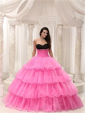 Cheap Layers Organza Hot Rose Pink Princess Ball Gown With Black