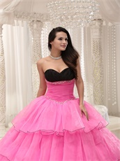 Cheap Layers Organza Hot Rose Pink Princess Ball Gown With Black