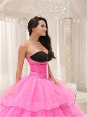 Cheap Layers Organza Hot Rose Pink Princess Ball Gown With Black