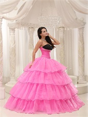 Cheap Layers Organza Hot Rose Pink Princess Ball Gown With Black